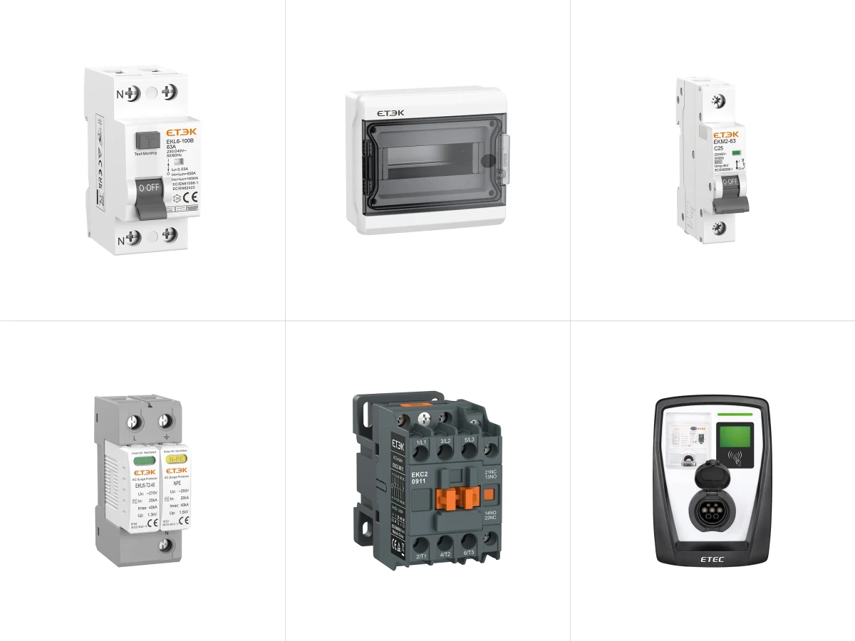 A selection of the Etek range — RCCB, distribution box, MCB, surge protector, contactor and EV charger