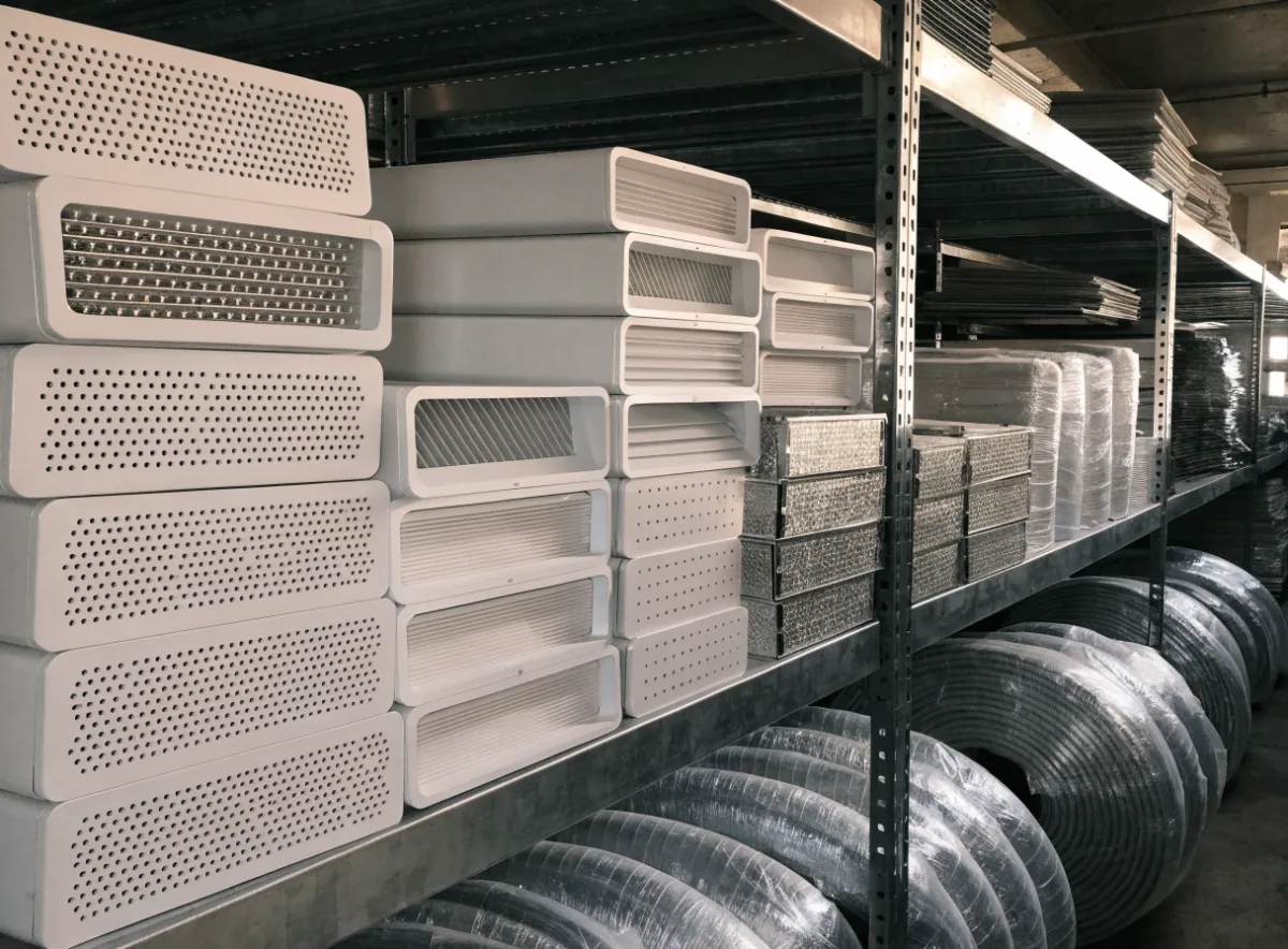 Ceiling diffusers, return air grilles and flexible duct on warehouse shelving