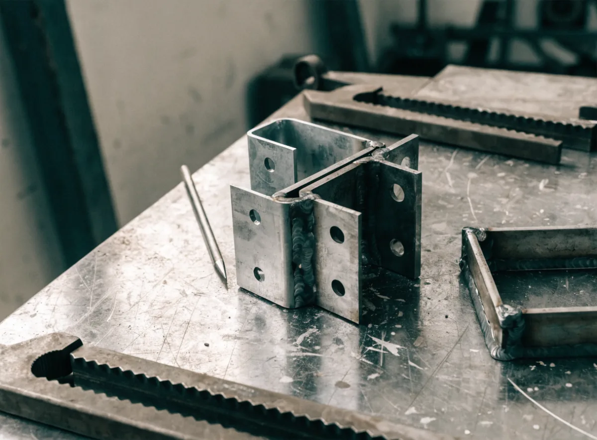Welded steel brackets on a fabrication bench