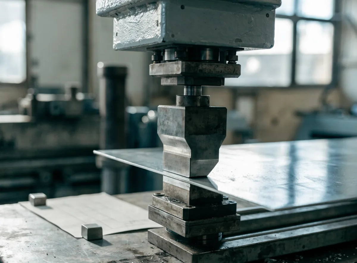 Press brake folding a galvanised sheet against a drawing